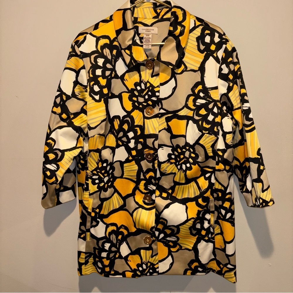 Covington Yellow and Black Large Floral Trench Coat Size 20-22
